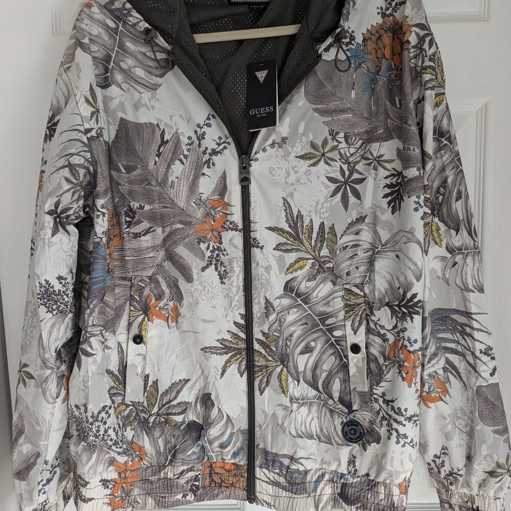 Guess Tropical Rain Patterned Jacket with Hood Zip Men's XL NWT